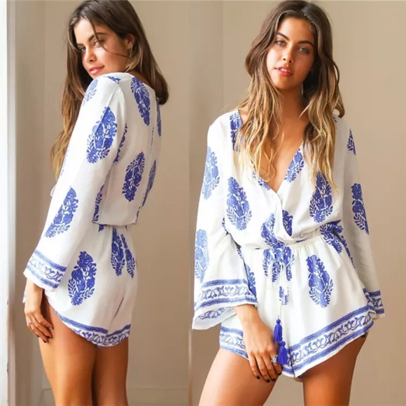 Chic Nation Pants - Bohemian Print Romper blue and white